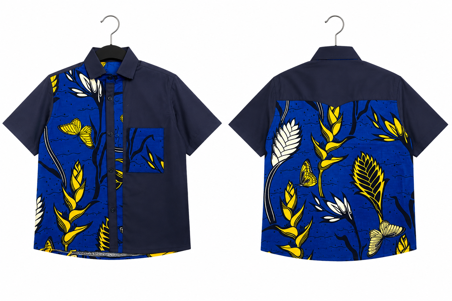 Chemise Wax Africain de Motif Floral-Avant et arrière – Navy Storm