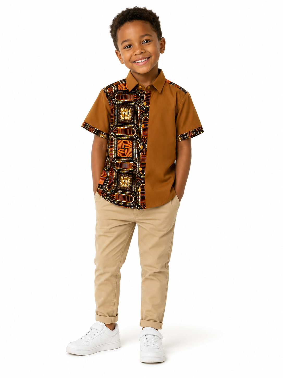 Enfant avec une Chemise Wax Africain de Motif Géométrique – Caramel Arc
